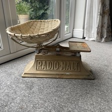 Baby Weighing Scale “Radio Malt” vintage cast iron baby scale with wicker basket