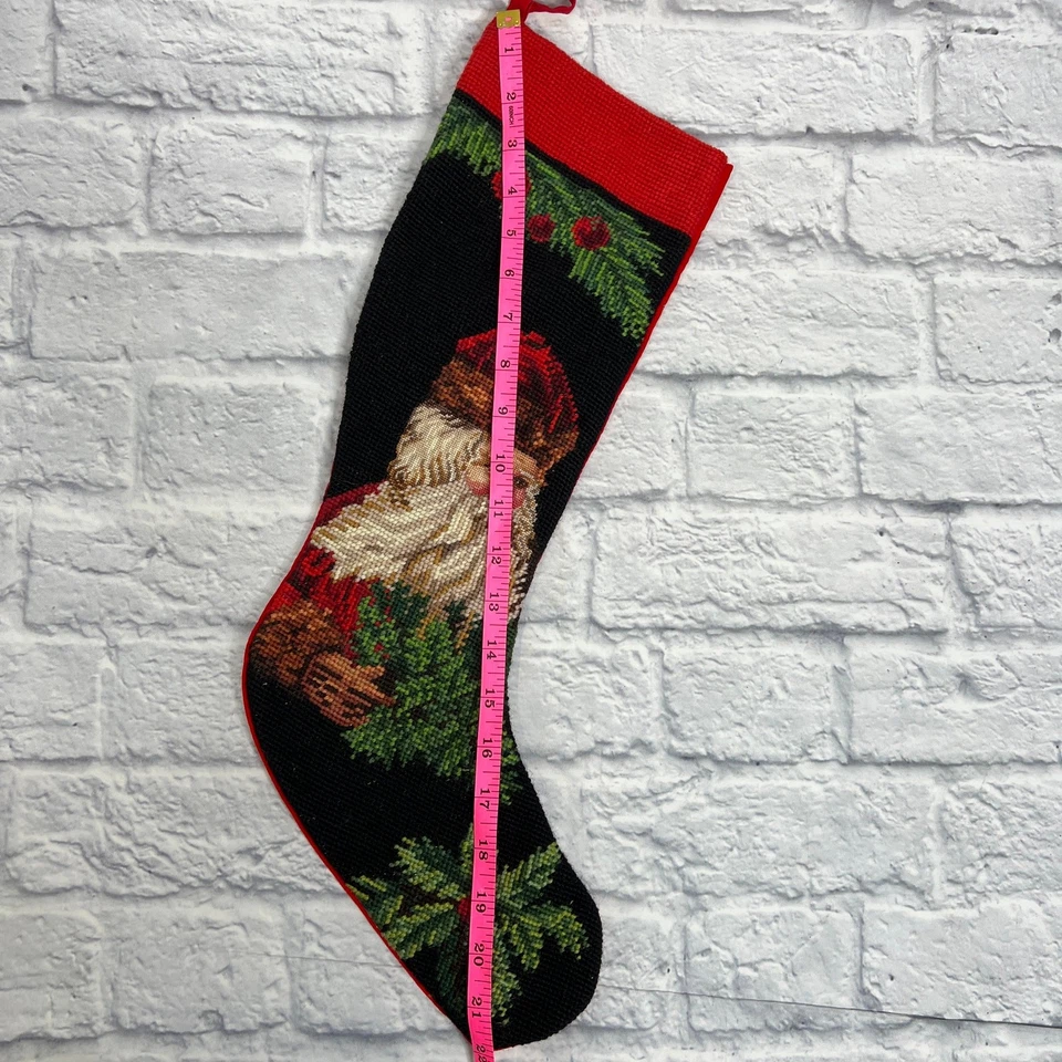Vintage Imperial Elegance Needlepoint Wool Stocking Father Christmas Black Red - Image 4 of 4