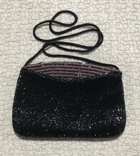 Vintage WALBORG Black Glass Beaded Evening Purse Clutch Bag HONG KONG Zipper