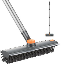 3-In-1 Floor Scrub Brush with Long Handle, Heavy Duty Squeegee Broom for Concret
