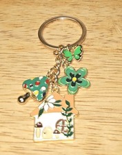 Green Mushroom House Flower Butterfly Purse Charm Keychain Goldtone