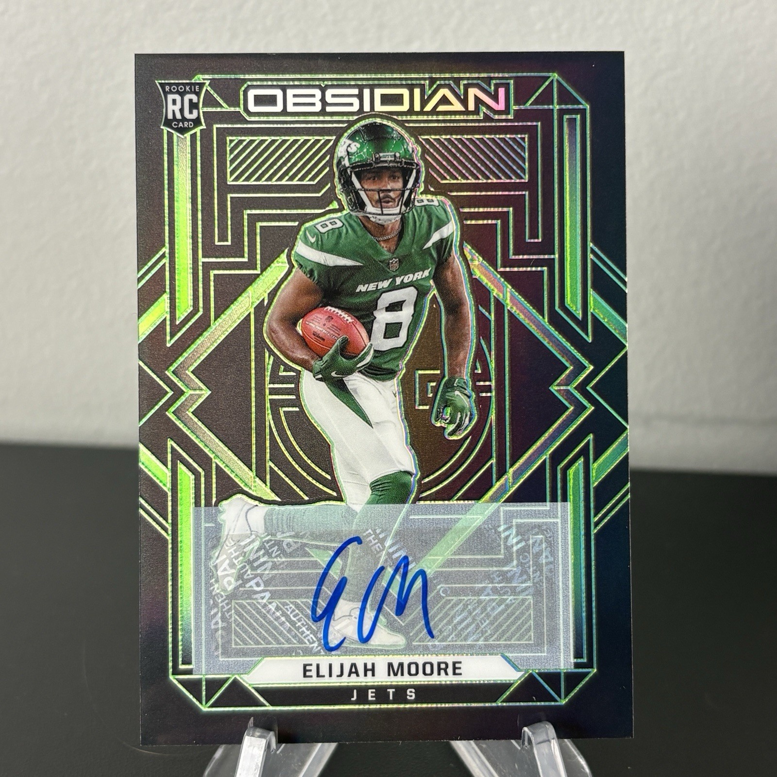 Elijah Moore 2021 Panini Obsidian RC Auto /50 Green Color Match New York Jets 