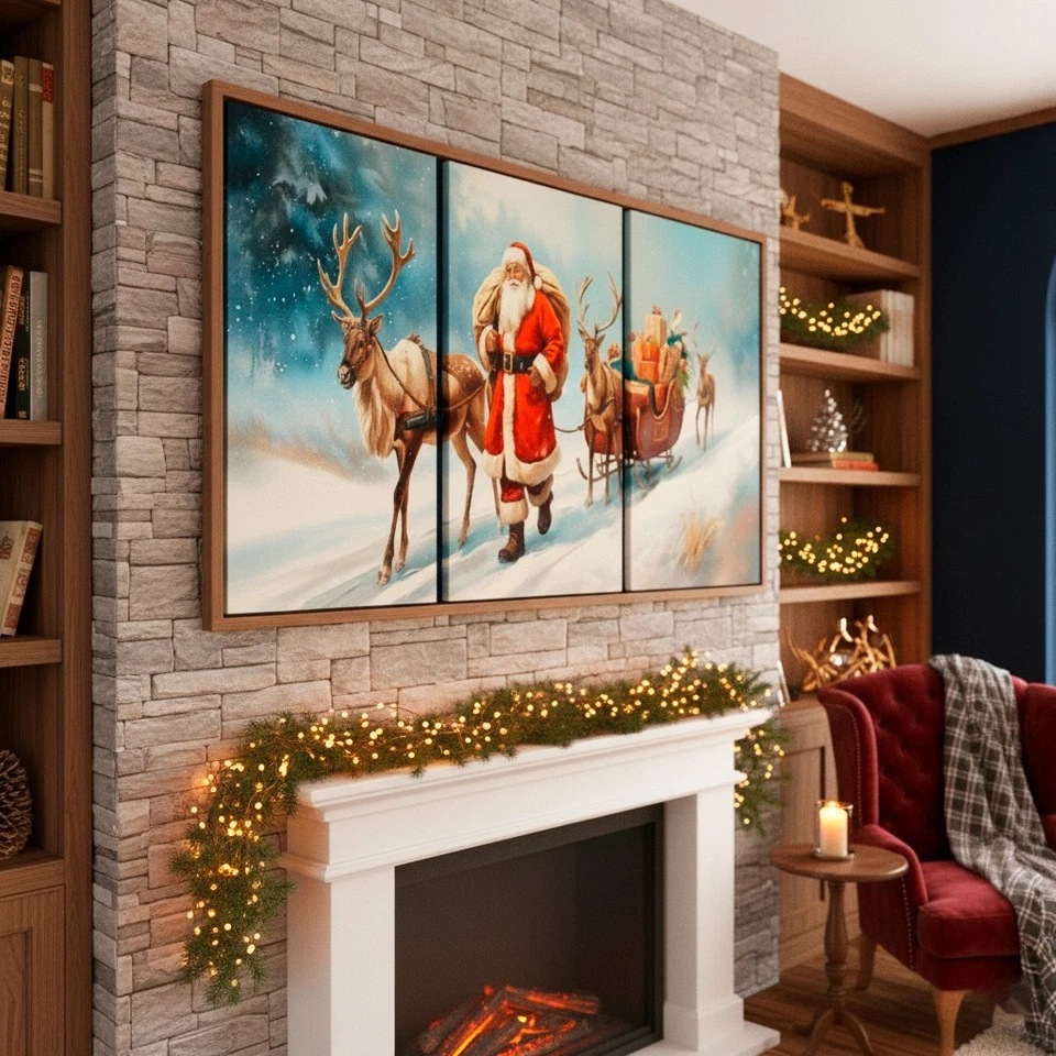 Vintage Santa and Reindeer Wall Art Print,  Cozy Holiday Home Digital Download - Image 3 of 4