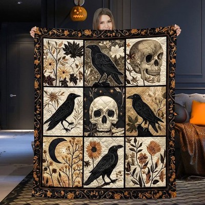 Gothic Raven Skull Quilt Blanket Halloween Crow Patchwork Witchy Bedding