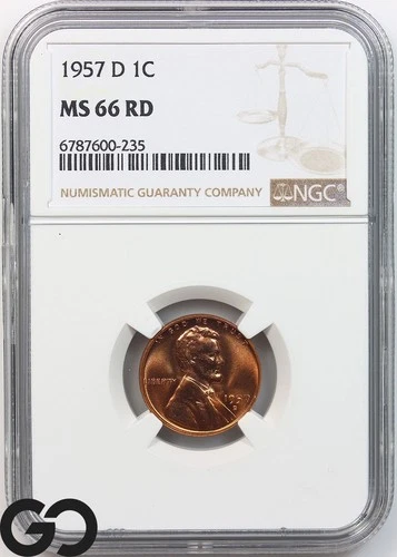 1957-D Lincoln Cent Wheat Penny, Red, NGC MS 66 RD ** Lustrous!