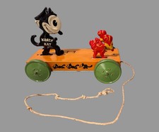 Antique Tin Litho Krazy Kat Childs Mechanical Pull Toy Felix Cat Chasing Mice