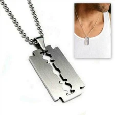 STAINLESS STEEL RAZOR BLADE PENDANT NECKLACE Chain Silver Charm Men Dog Tag