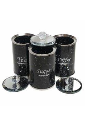 KRISTALL ZERKLEINERTER DIAMANT GEFÜLLTER TEE KAFFEE ZUCKERKANISTER GLAS AUFBEWAHRUNG schwarz