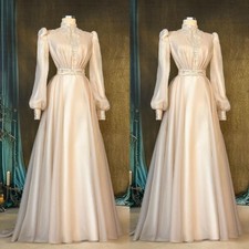 Organza Muslim Wedding Dresses Long Sleeves High Neck A Line Bridal Gowns