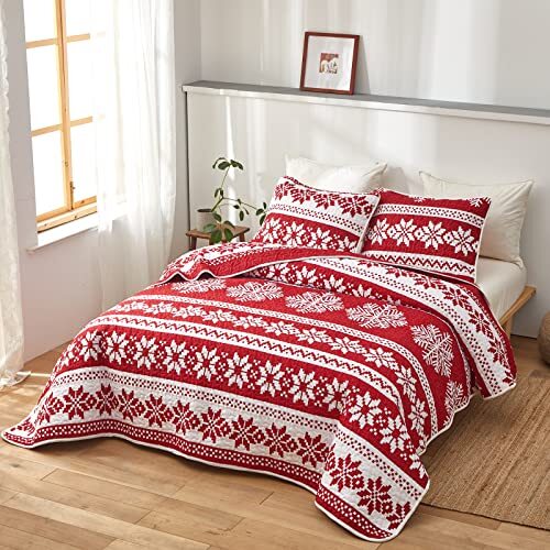 Christmas Quilt Set with Red and White King Size King(102"x88