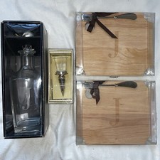 NEW “J” Monogram 4 Pieces, Boxed, Decanter, 2 Cutting Board/Knife & Wine Stopper