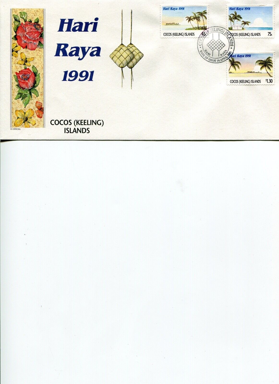 1991 COCOS KEELING ISLAND Hari Raya 3v Official FDC POST-FREE