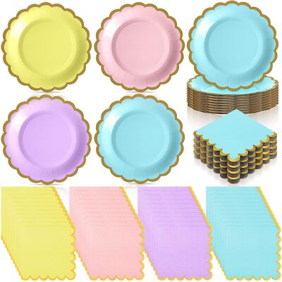 200 Pcs Pastel Plates and Napkins Tableware Serves 100 Includes 7 Inch Scallo...