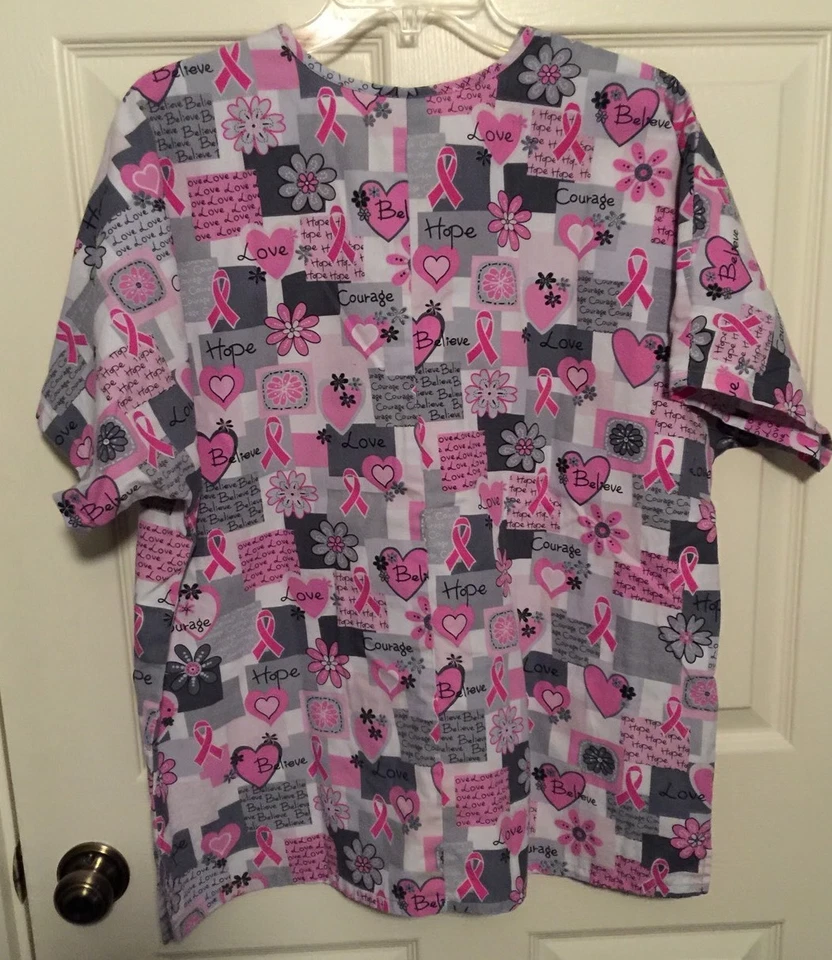 WOMAN'S HQ SCRUBS BRAND SHORT SLEEVE HEARTS CANCER SCRUB SHIRT SIZE L - Image 4 of 4
