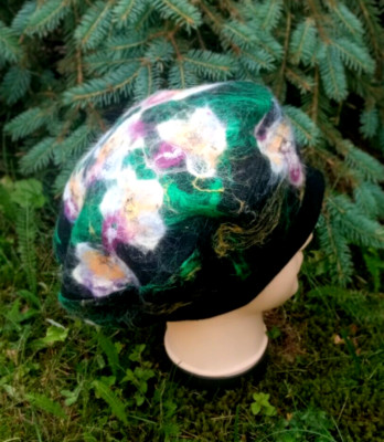 Womens felted floral beret oversized .Warm winter hat.floral beret hat.Christmas
