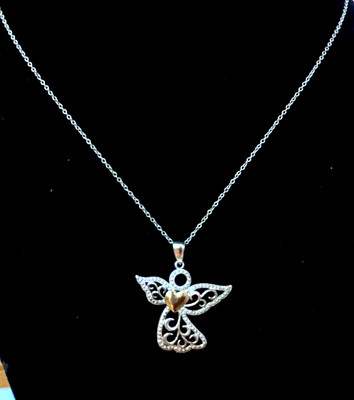 Sterling Silber 10K Gelbgold Engel Herz Anhänger mit 18'' Halskette - MUST SEE