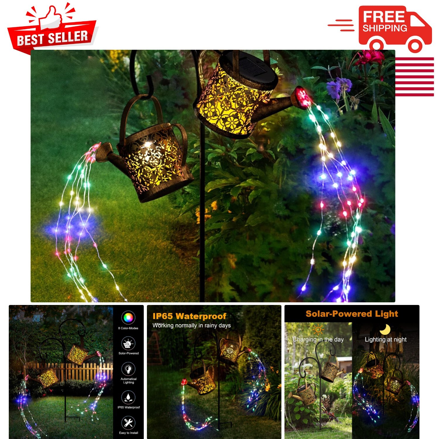 Art Deco Solar-Powered Watering Can Lights with Multi-Color Options for Gardens