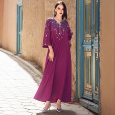 Women Long Dress Abaya Evening Kaftan Muslim Party Gown Rhinestone Dress Ladies
