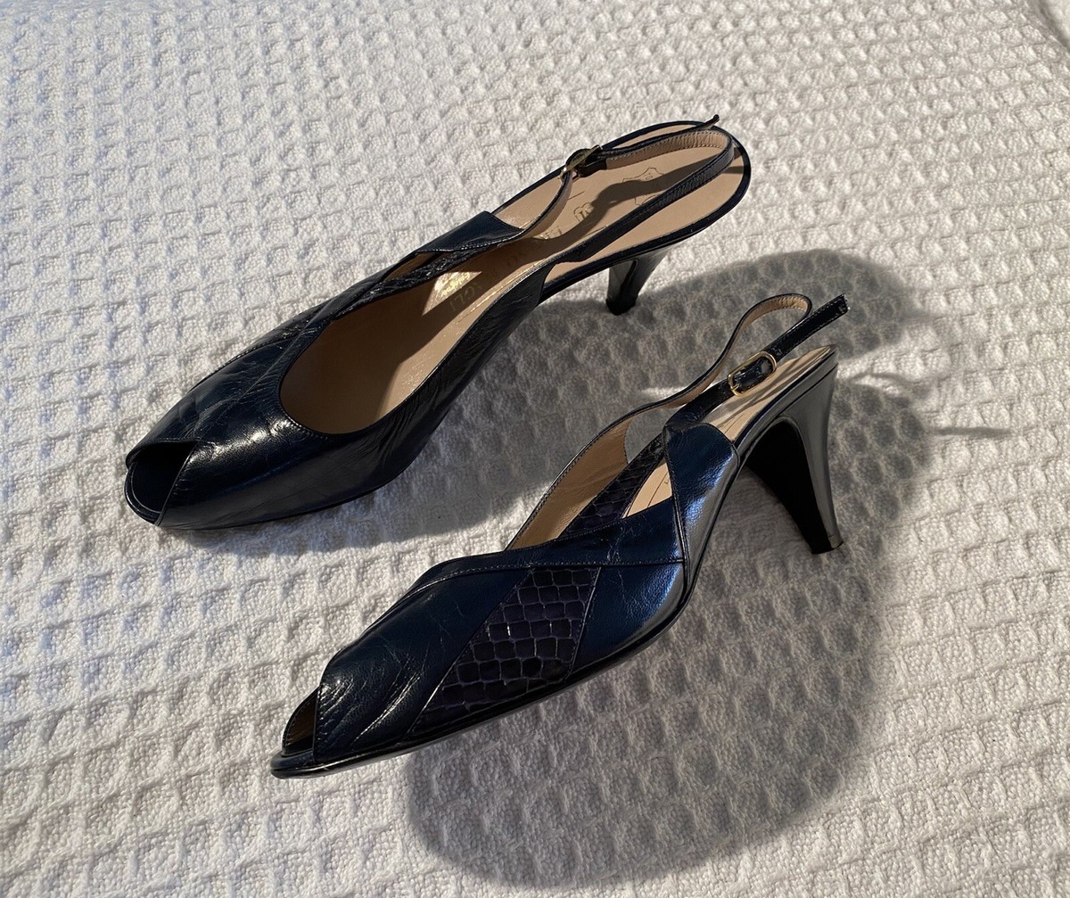 vintage BRUNO MAGLI 8.5 AAA Navy Leather Peep Toe Slingbacks High