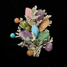 Ciro vintage silver coral with multi colored precious stones brooch