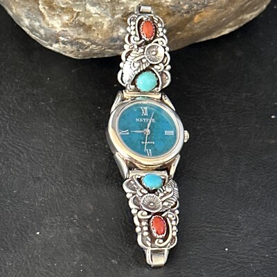 Navajo 925 Silver Tips With Inlaid Coral & Turquoise - Silver Indian Chief Watch Navajo Sterling Silver Watch Tips | Old Pawn Turquoise  main image 4