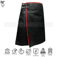 Men's Real Cow Leather Kilt Scottish Wrap Style Pleated Red Piping Utility LARP
