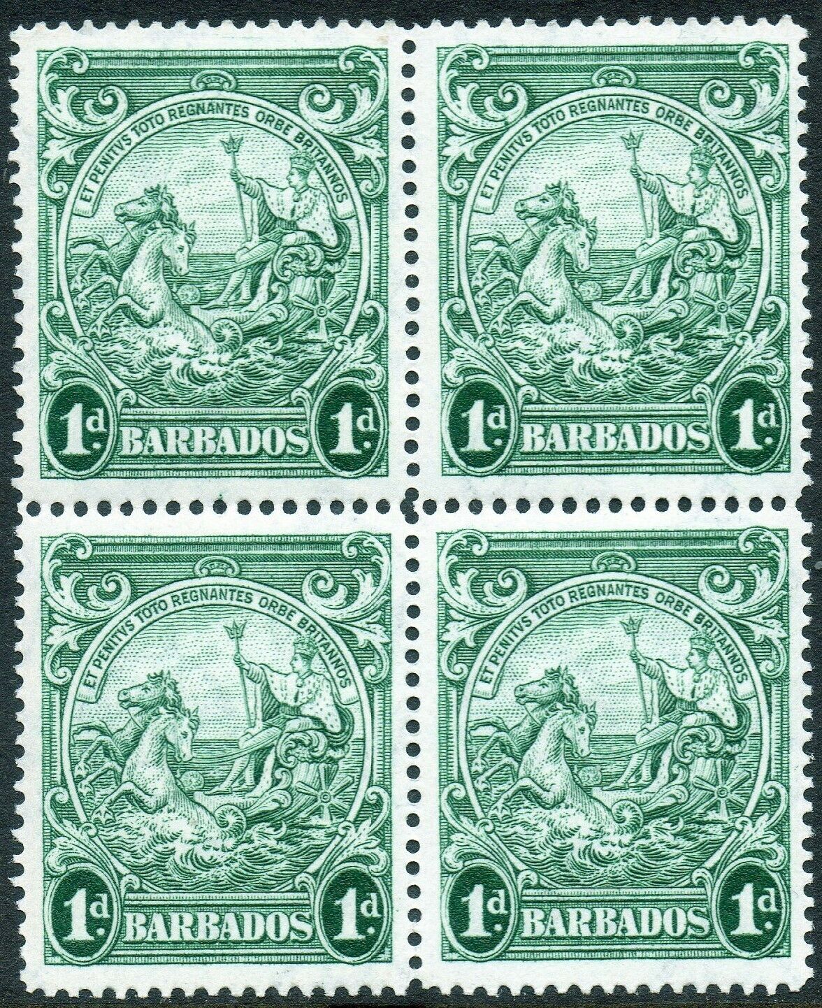 Barbados 1938 KGVI 1d Blue-Green in stamps 4 Las Vegas Mall of block Oklahoma City Mall mint MNH