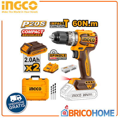 Schlagbohrmaschine 20V COMPACT BRUSHLESS mit 2 Akkus INGCO