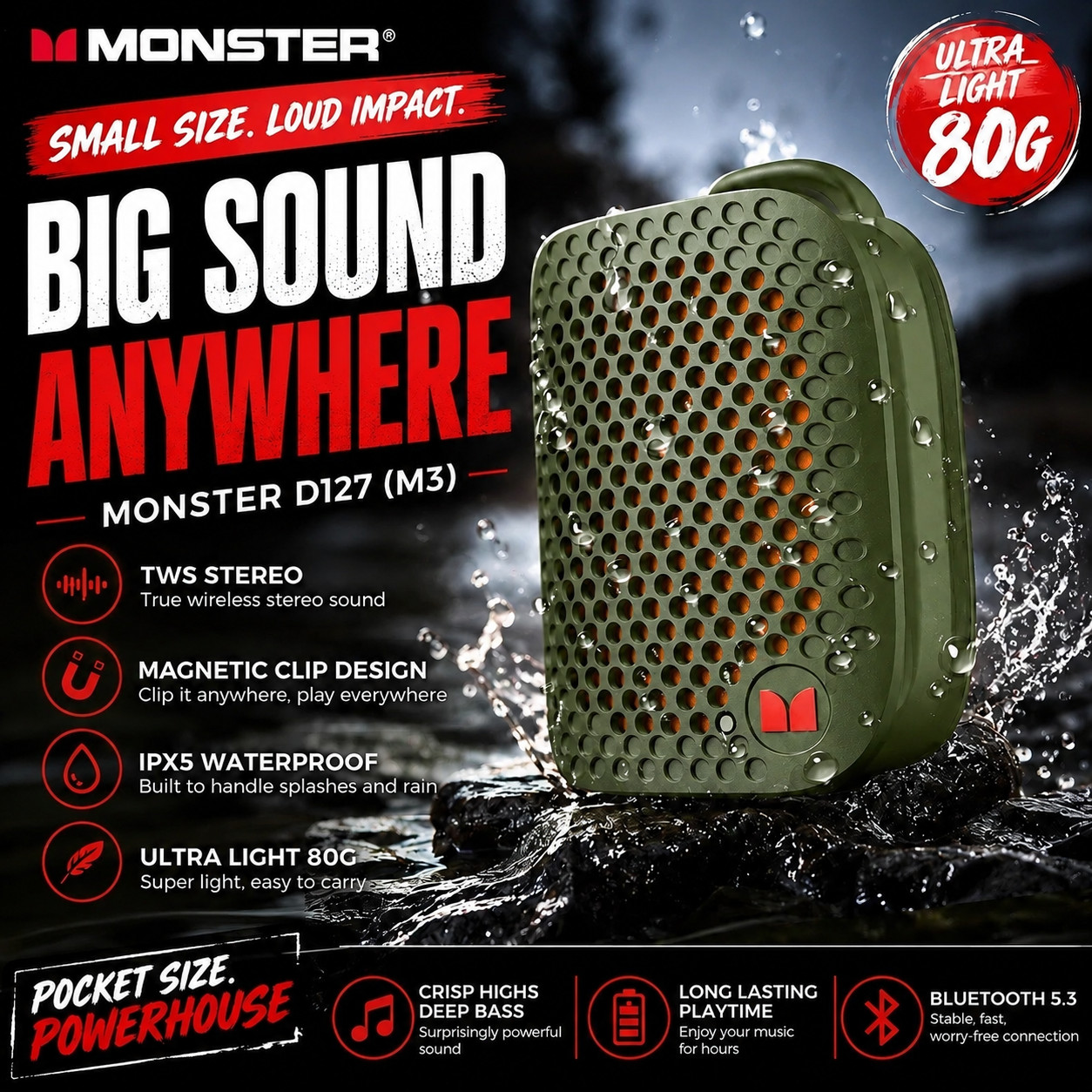 Monster M3 Magnetic Clip On Mini Bluetooth Speaker V5.4 Portable Outdoor Bass