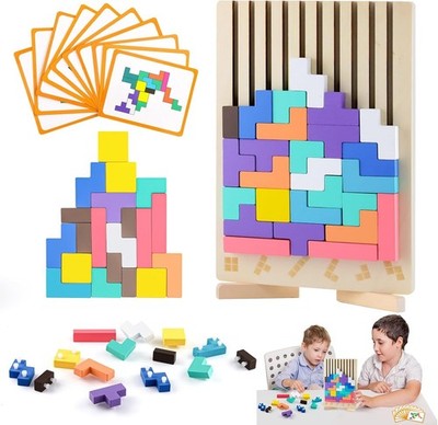 Wooden Montessori Russian Blocks Puzzle, 3D Stacking Brain Teaser Toy, Colorf...