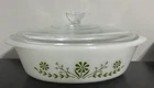 Vintage Glasbake 1 QT Cassarole dish with lid Green Daisy oval dish J235