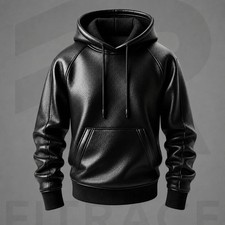 Men's Black Genuine Leather Hoodie Pullover Jacket Hooded Casual Streetwear Top