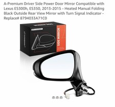 Power Door Mirror Compatible with Lexus ES300h, ES350, 2013 Driver Side Black