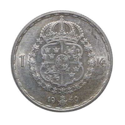 1949 Sweden 1 Krona Gustaf V Silver Coin XF KM814 Lot [0891]