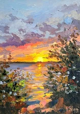 SUNSET RIVER  AUTUMN LANDSCAPE ORIGINAL Impressionism Art Oil painting Signed