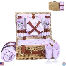 Neti Neti Large Wicker Picnic Basket Set for 4 with Cooler & Blanket - Outdoor