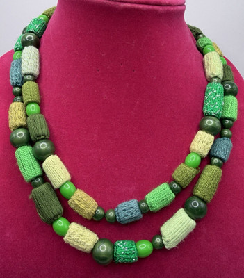 Vintage Handmade Long Beaded Necklace 40'' w/ Thread Wrapped Beads ALL GREEN! MCM
