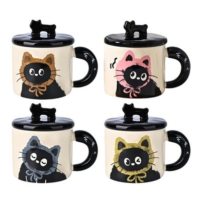 Portable 370ML Ceramic Cats Mug Personality Office Coffee Drinking Cup with Lid