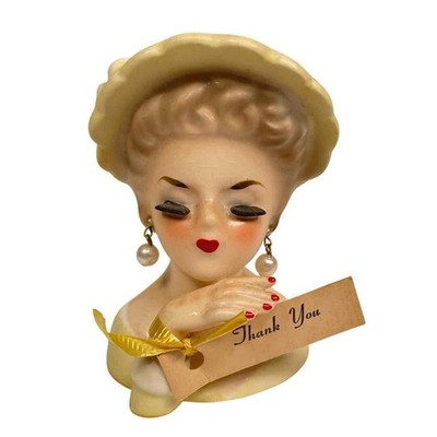 Vintage 1963 E-774 Ceramic Inarco MIJ Lady Head Thank You Vase With Earrings - B