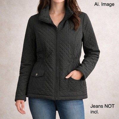 Giacca Gallery Women's Black Quilted Jacket Size M Zip Front Lightweight Coat