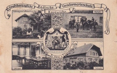 AK Karlsruhe, Badische Gendamerieschule, 4-Bild-Topo