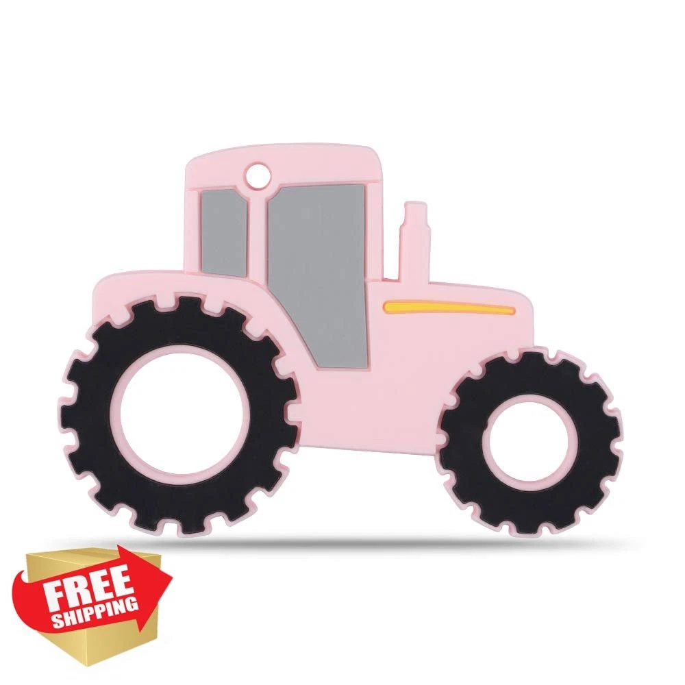 Baby Tractor Silicone Teether, Pink Chew Toy, BPA Free, Freezer Safe