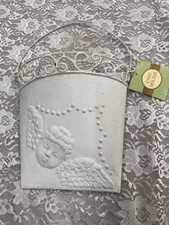 Vintage Tin Metal Cherub Angel Wall Pocket Bucket Planter Distressed Cream