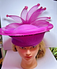 Hat Fascinator Fuchia Pink Sequins Mesh Mardi Gras Church Wedding 100 Wool OOAK