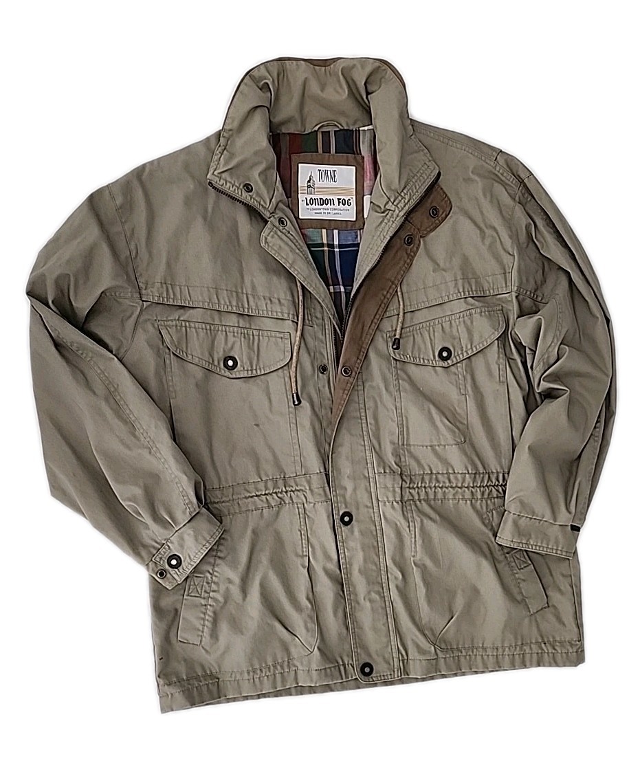 VTG London Fog Men's Large Towne Jacket Rain Parka Stowaway Hood Tan Classic 