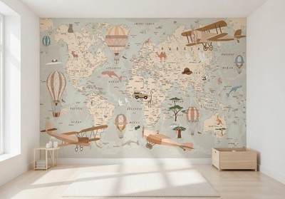 Kinder Schlafzimmer Tapete Weltkarte Adventure Wandbild Brauner Flugzeuge