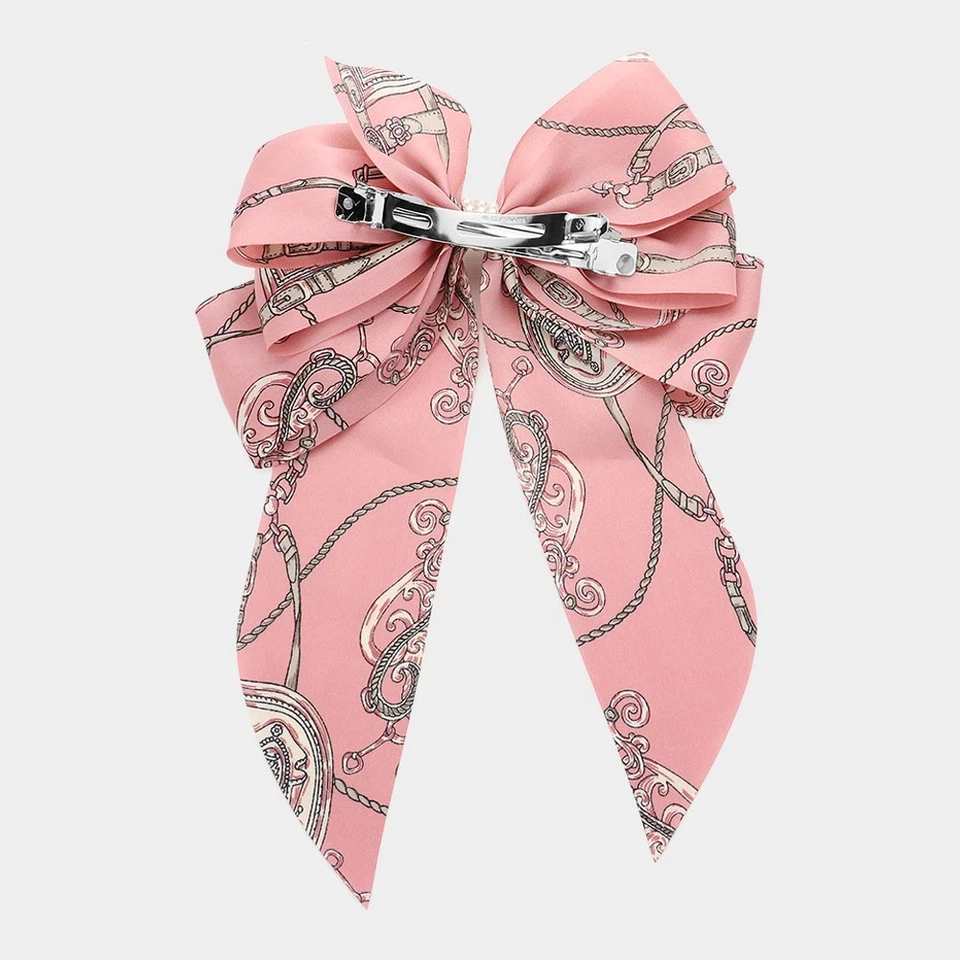 Pink Oversized Pearl Bow Hair Clip Barrette Chain Dangle Trendy Accessory - Image 2 of 2