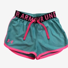 Under Armour Girls HeatGear Athletic Shorts Youth Small Loose Fit Teal  Pink