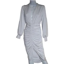 Win Win Woman Medium White Pleated Midi Ruched Dress Long Sleeves V-Neck