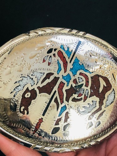 Vtg End Of Trail Western Belt Buckle Inlay Native American Story Teller USA - Picture 4 of 12
